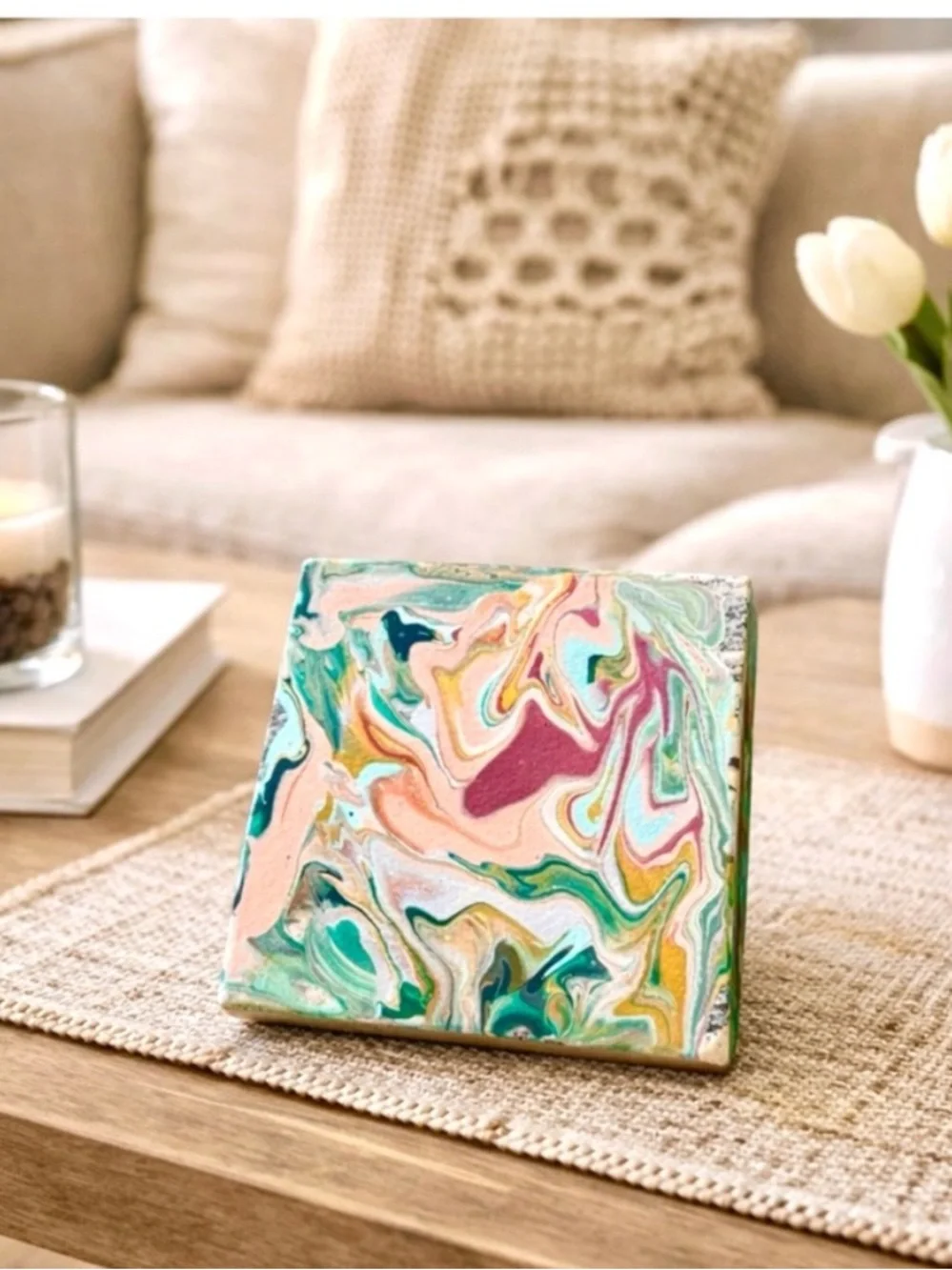 Handmade Acrylic Pour Art Coasters Set of 2 Abstract Marble Resin Look 4x4